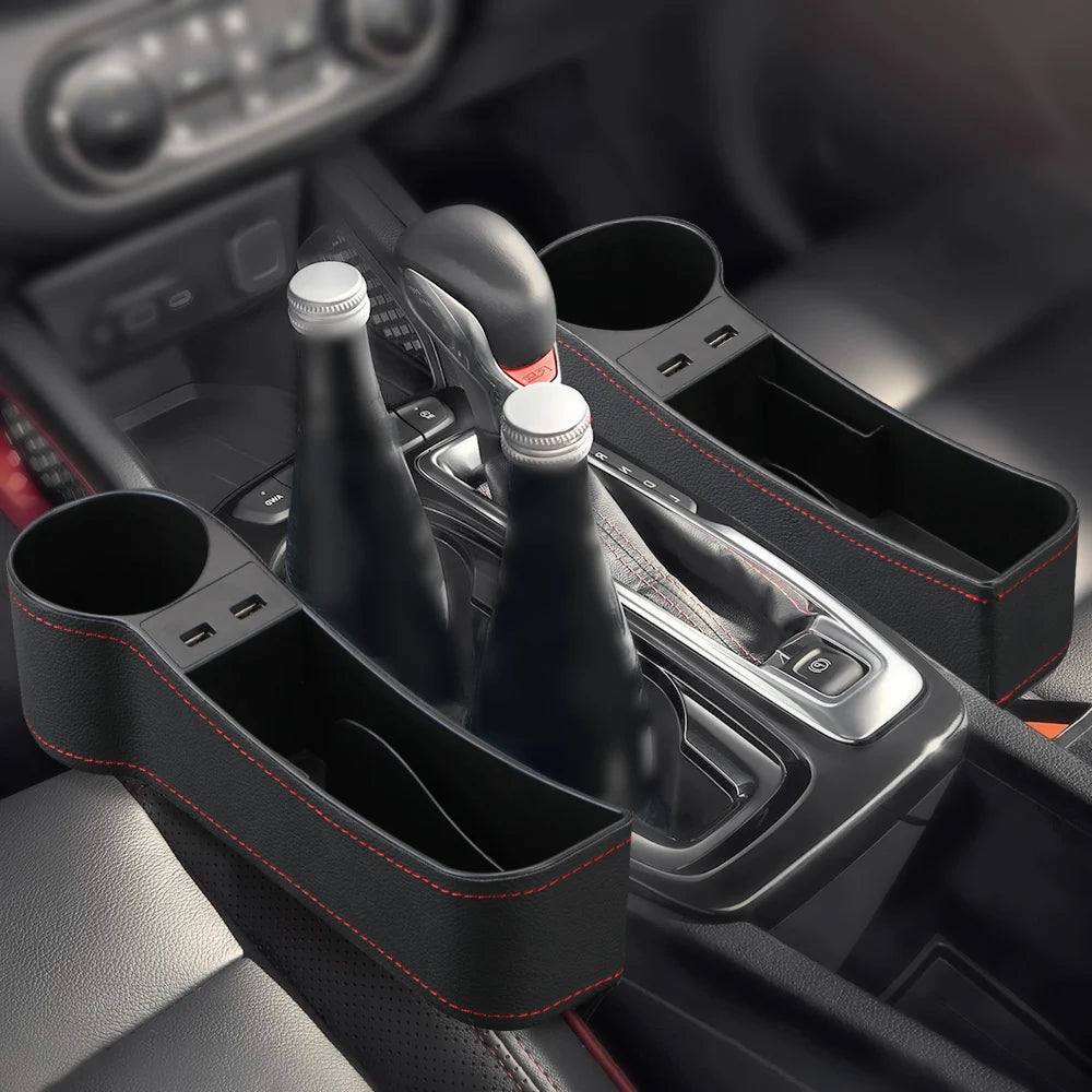 Car Organizer Auto Crevice Pocket Phone Bottle Cups Holder Seat Gap Leather Storage Box Car Accessories,USB Chargers Optional