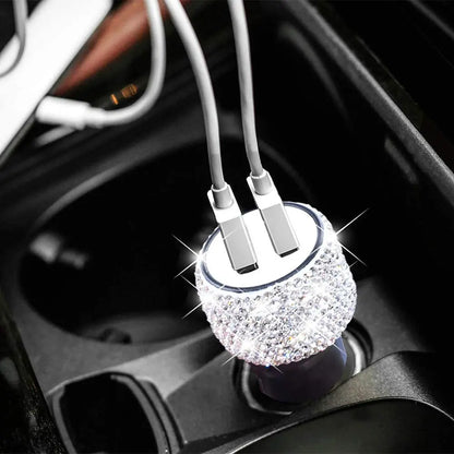 Dual USB Car Charger Bling Bling Handmade Rhinestones Crystal Car Decorations for Fast Charging Car Decors for iPhone/Samsung
