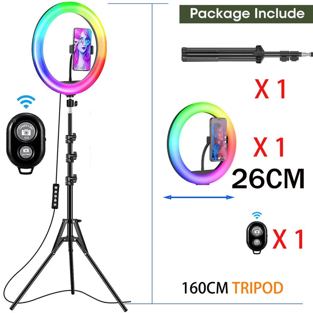 Selfie Ring Light 26cm RGB Fill LED RingLight Selfie Lamp Photography Lighting Mobile Holder Tripod Stand For Video Youtube Live