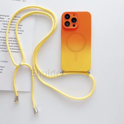 Crossbody Lanyard Case For Magsafe iPhone 16 14 13 12 Pro Max 11 15 Plus Magnetic Gradient Color Camera Protect Shockproof Cover