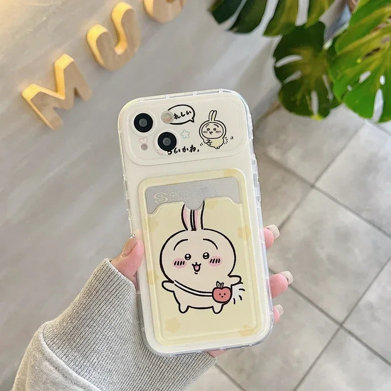 Cute Cartoon Japan Anime Chiikawa Card Wallet Pocket Phone Case For iPhone 16 15 14 13 12 11 Pro Max Cover With Lanyard