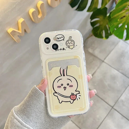 Cute Cartoon Japan Anime Chiikawa Card Wallet Pocket Phone Case For iPhone 16 15 14 13 12 11 Pro Max Cover With Lanyard