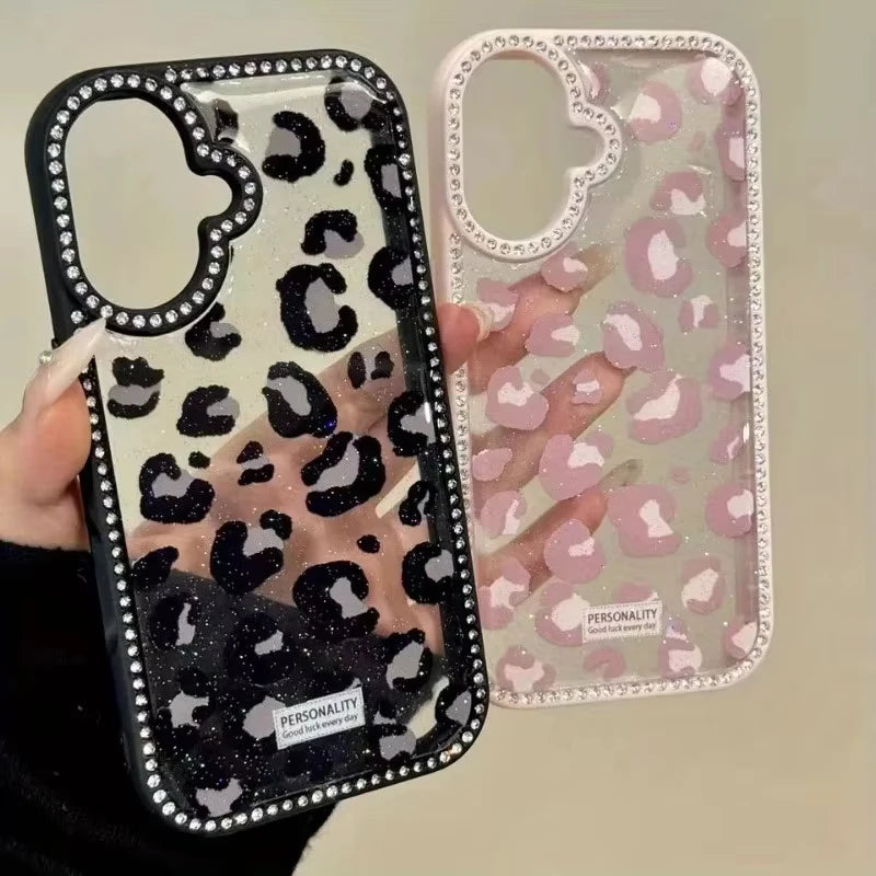 Pink Black Leopard Print Diamond Inlaid Frame Plain Case for iPhone 16 15 14 Plus 13 12 11 Pro Max Acrylic Silicone Hard Cover