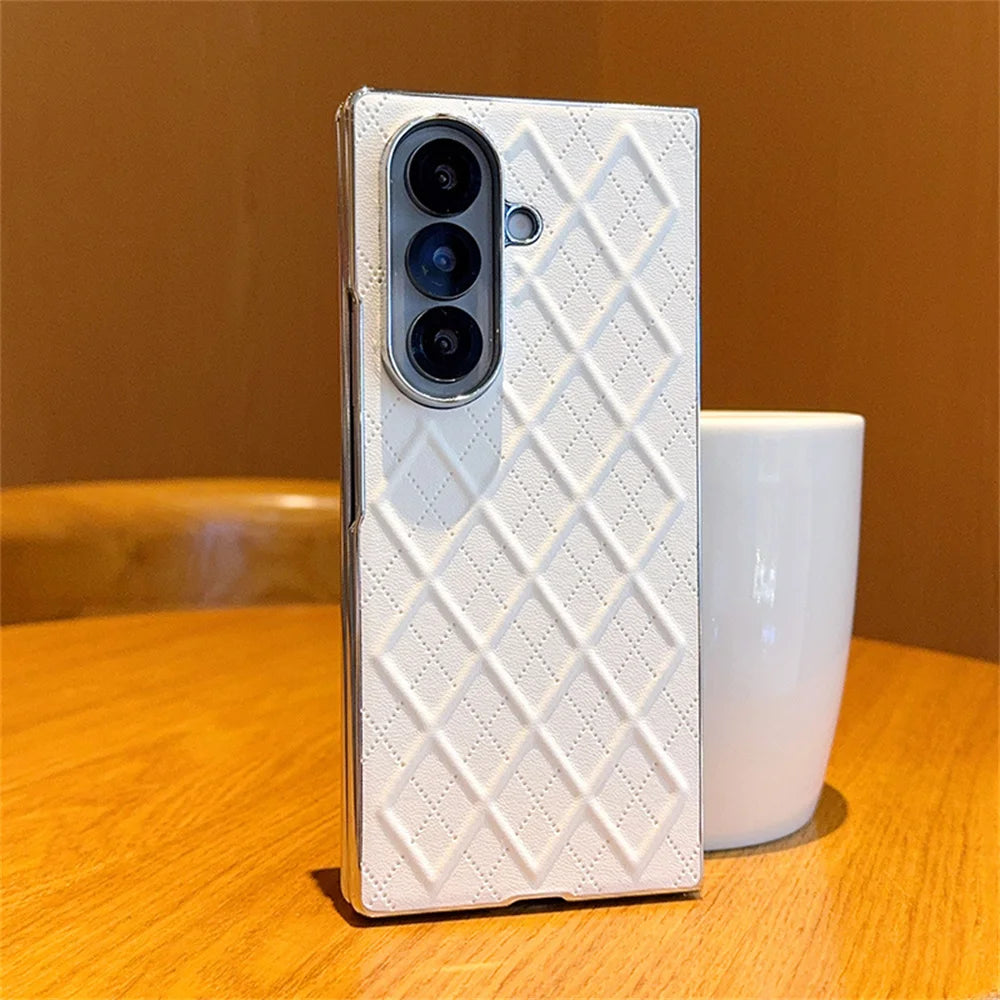 Luxury Lattice Leather Plating Phone Case For Samsung Z Fold 7 6 5 4 3 2 5G Shockproof Bumper Protection Solid Color Back Cover