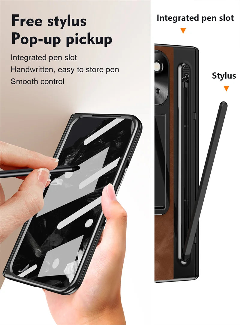 Folding Screen Luxury Retro Leather Phone Case For Google Pixel 9pro Tempered Glass Front Film Pen Slot Phone Cover