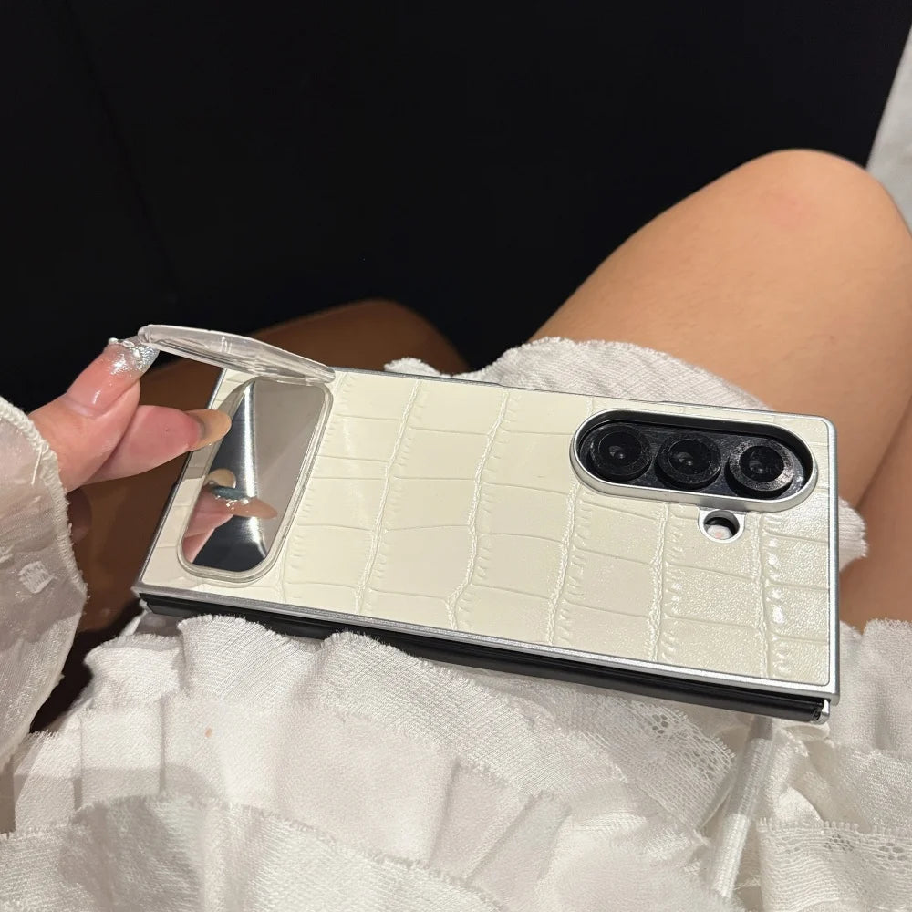 Luxury Crocodile Pattern Leather Case For Samsung ZFold 7 6 5 4 3 5G Mirror Fold Satnd Holder Shockpoof Protection Bumper Cover