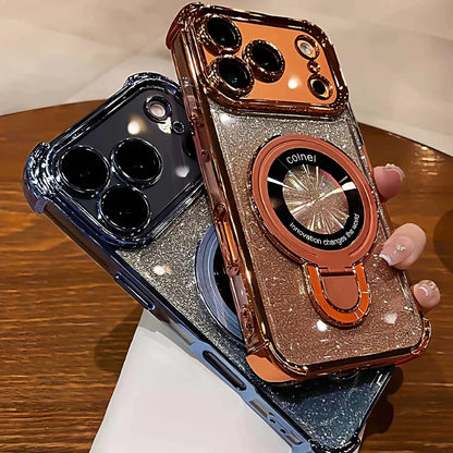 Plating for Magsafe Glitter Bracket Case for iPhone 17 16 15 Pro Max 14 Plus Air 11 12 13 Gradient Stand Airbag Shockproof Cover