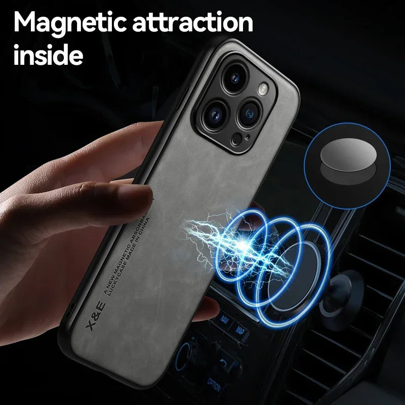 Luxury Leather Case For iPhone 16 16e 15 14 13 12 11 Pro Max Plus 12 13 Mini X XS SE 8 7 Cover With Metal Plate Support Car Hold