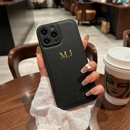 Personalised Customized Name Case For iPhone 16 15 14 13 12 11 Pro Max Initials Letters Leather DIY Cover 13 14 15 16 Pro Max - covers4phones
