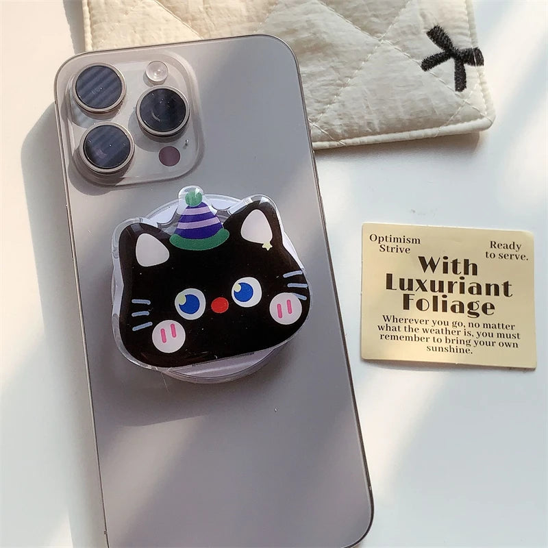 Korean Cute Cartoon Black Cat For Magsafe Magnetic Phone Griptok Phone Holder Stand Universal Phone Ring Grip Tok For iPhone 15
