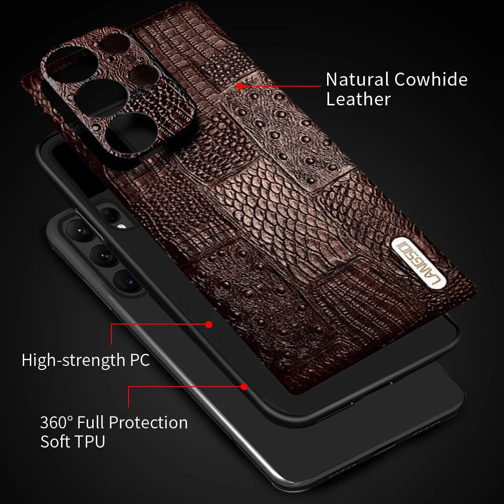 LANGSIDI Genuine Leather Retro Phone Case For Samsung Galaxy S 25 S25 S23 S24 Ultra S24 Plus S25Plus S25Ultra Luxury Back Cover