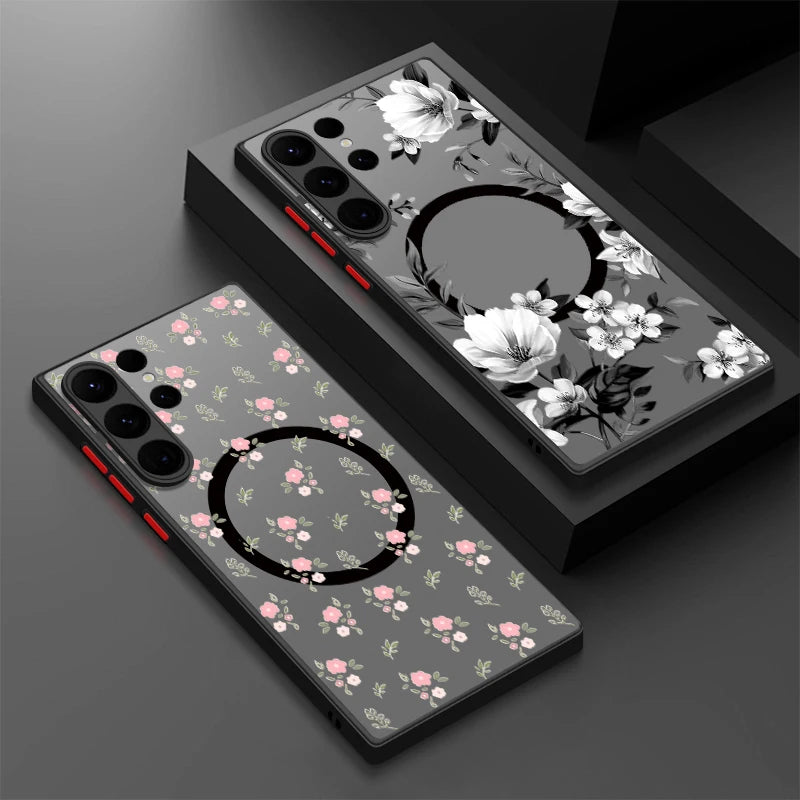 For Samsung Galaxy A14 A15 A55 A54 A56 A25 S25 Edge S24 S23 S22 Ultra Plus S21 S25 FE Flowers Case Magnetic Magsafe Matte Cover