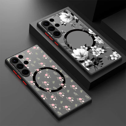 For Samsung Galaxy A14 A15 A55 A54 A56 A25 S25 Edge S24 S23 S22 Ultra Plus S21 S25 FE Flowers Case Magnetic Magsafe Matte Cover