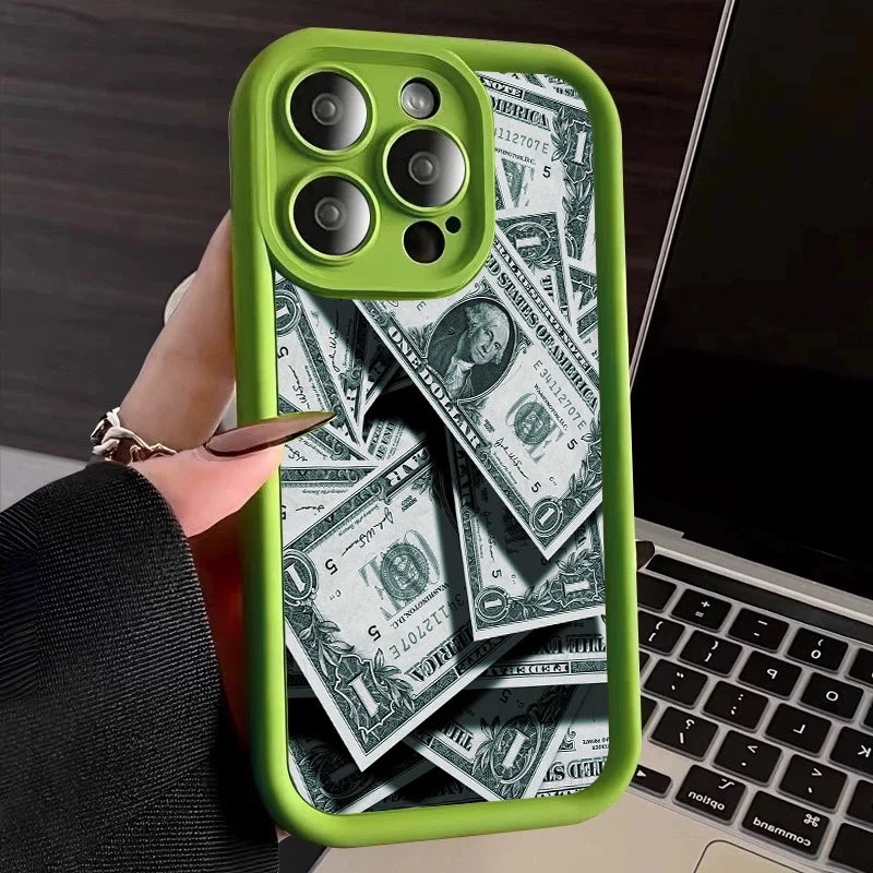 Pink Dollars Full-Coverage Banknote Design Silicone Phone Case For iPhone 16 15 14 13 12 11 Pro Max X XS XR 7 8 Plus Cover