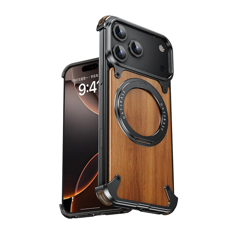 Oatsbasf Solid Wooden Phone Case for iPhone 17 Pro/Pro Max/17 Air with 360° Rotating Ring Stand Magnetic Shockproof Protective