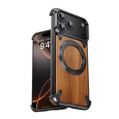 Oatsbasf Solid Wooden Phone Case for iPhone 17 Pro/Pro Max/17 Air with 360° Rotating Ring Stand Magnetic Shockproof Protective