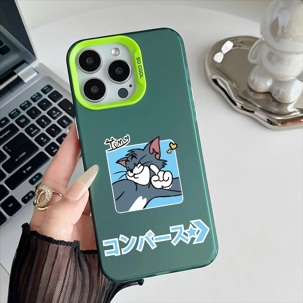 Miniso Tom And Jerry Phone Case For iPhone 16 15 14 13 12 11 Pro Max Independent Metal Button Electroplating Mobile