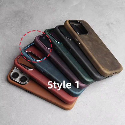 YMW Scratc Crazy Horse Genuine Leather Case for iPhone 16 15 Pro Max Plus 14 13 mini Magnetic PULL-UP Cowhide Phone Cover