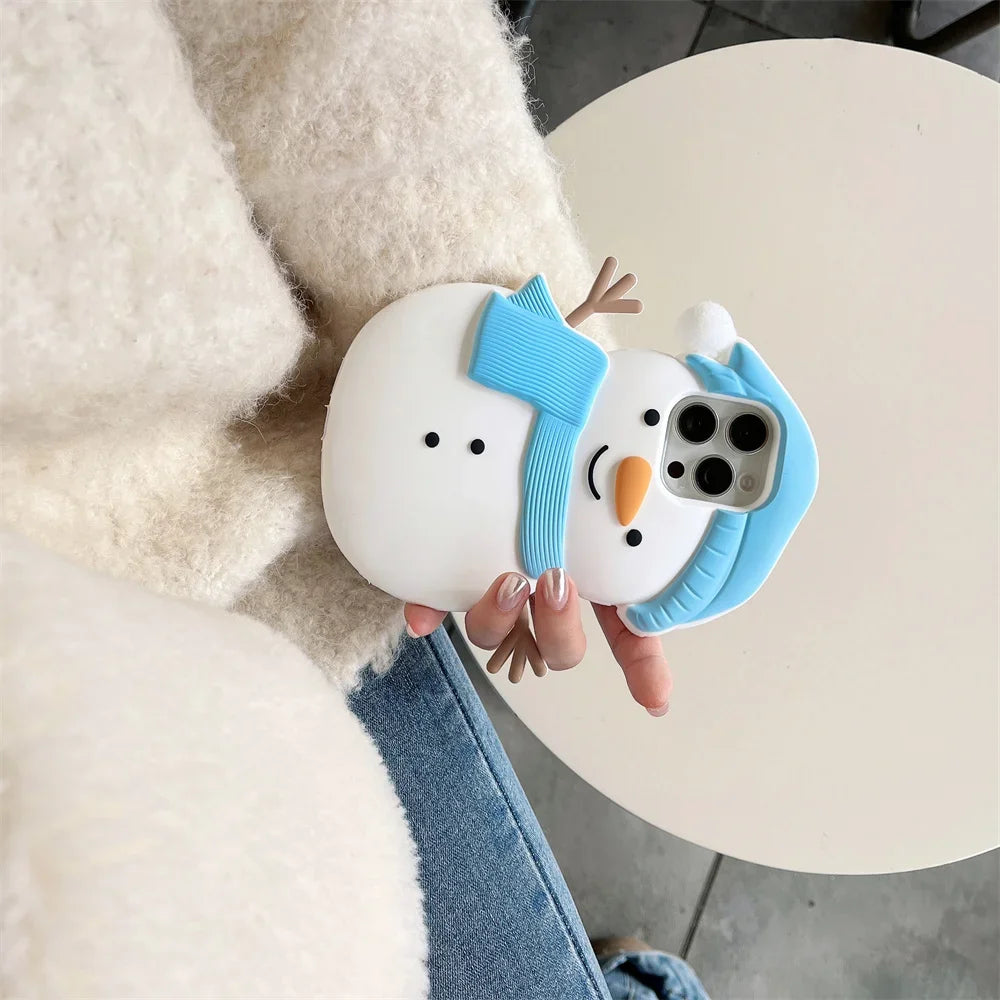 Soft Silicone Cartoon Cute Christmas 3D Snowman Shockproof Phone Case for IPhone16 15 14 13 12ProMax Anti-drop Shockproof Cover