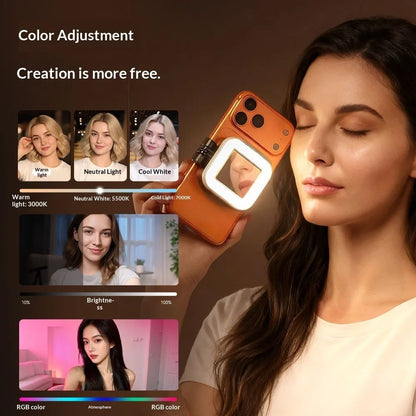 MagSafe iPhone compatible magnetic selfie ring light with foldable LED mobile phone photo beauty ring light with mirror;