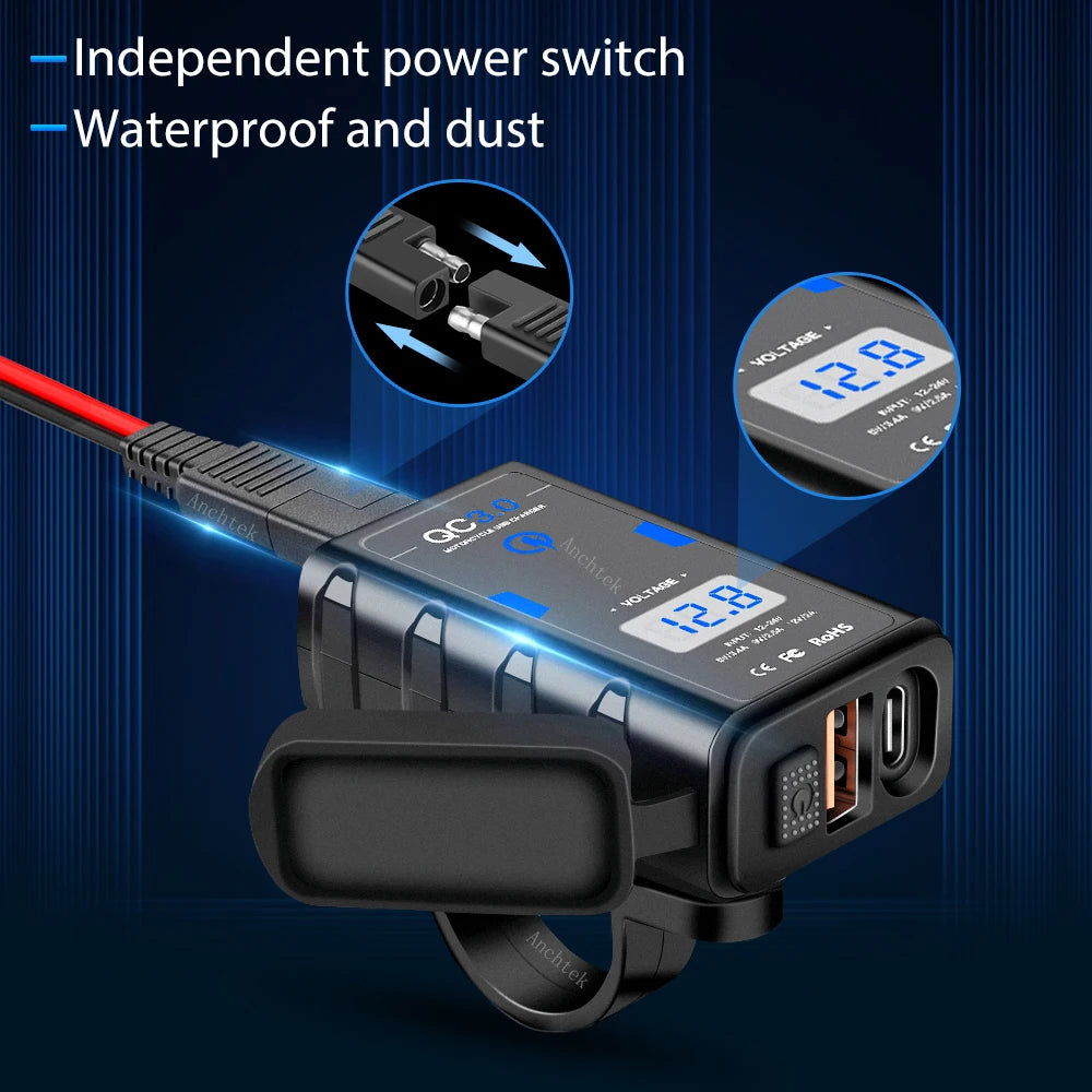 Anchtek 6.4A 12V Motorcycle USB Charger Power Adapter Supply Socket Quick Charge QC3.0 Type C PD Motorcycle Phone Charger
