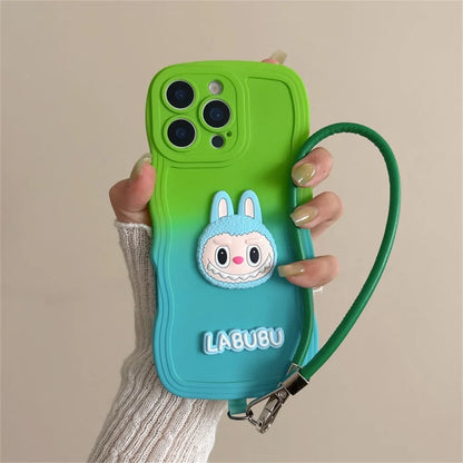 Cartoon Cute Animals Gradient Wavy Soft Phone Case with Wrist Strap For iPhone 16 Pro Max 16e 15 14 Plus 13 12 11 X XR XS 7 8 6