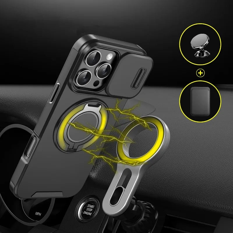Luxury Heavy-Duty Rugged Armor Magnetic Bracket Case For iPhone 17 16 15 14 13 12 11 Pro Max Slide Camera Protection PC Cover