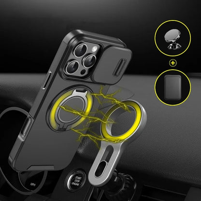 Luxury Heavy-Duty Rugged Armor Magnetic Bracket Case For iPhone 17 16 15 14 13 12 11 Pro Max Slide Camera Protection PC Cover