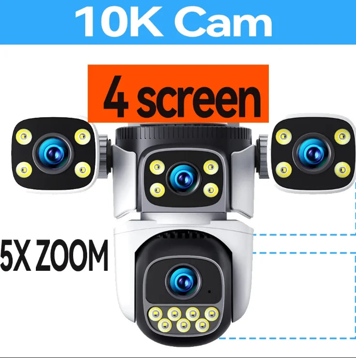 10K 20MP Four Screen Outdoor WiFi Cam PTZ 5X Zoom Night Vision Four Lens 10K Wireless CCTV Surveillance Cam Security Protection