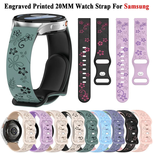 18mm 20mm 22mm Floral Engraved Band for Samsung Galaxy Watch 7 6 5 4 Cute Fancy Silicone Strap For Watch 5 Pro/Active 2 correa