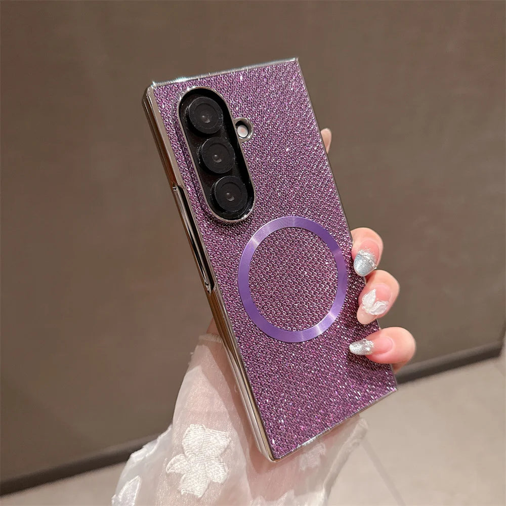 Luxury Magnet Magnetic Mini Diamond Glitter Phone Case For Samsung Z Fold 7 6 5 4 3 For Magsafe Wireless Charging Plating Cover