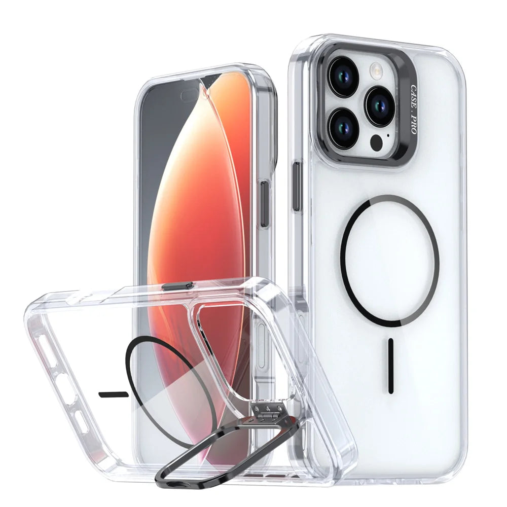 Original For Magsafe Invisible Lens Stand Holder Phone Case For iPhone 14 15 16 17 Pro Max Plus 16E 13 12 11 Clear Acrylic Cover