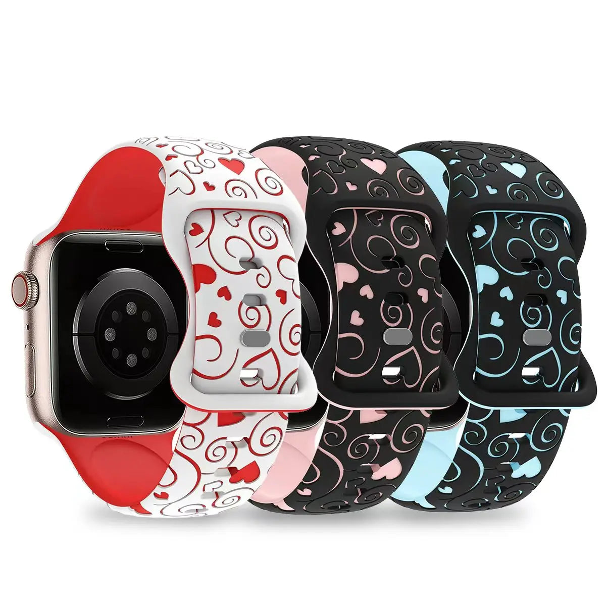 Lucky Heart Engraved Silicone watch Band for Apple Watch 38/40/41/42/44/45/46/49mm,  for iWatch Series 10 9 8 7 6 5 4 3 2 1 SE