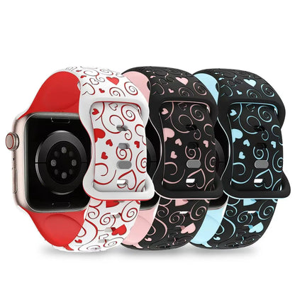 Lucky Heart Engraved Silicone watch Band for Apple Watch 38/40/41/42/44/45/46/49mm,  for iWatch Series 10 9 8 7 6 5 4 3 2 1 SE