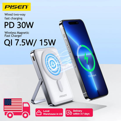PISEN Magnetic Wireless Power Bank with Built in Stand MagSafe Compatible 30W USB C Fast Charging  for iPhone Samsung Huawei