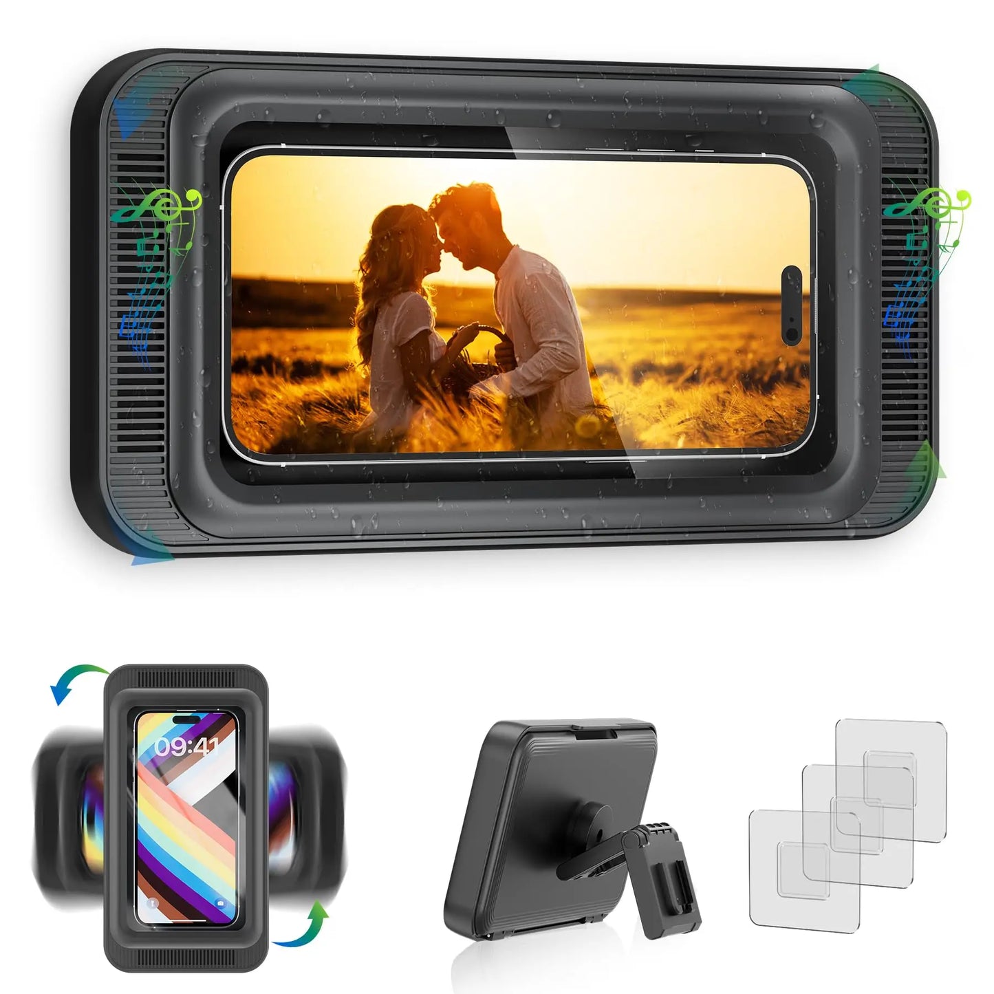 Shower Phone Holder with Speaker  480 Rotation, Wall Phone Mount for Shower Waterproof Anti Fog Shower Case for 4-7" Phones