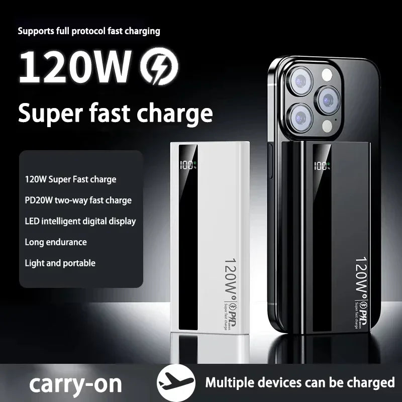 120W 200000mAh Power Bank High Capacity Super Fast Charging Power Bank Portable Battery Charger For Huawei iPhone Samsung Xiaomi