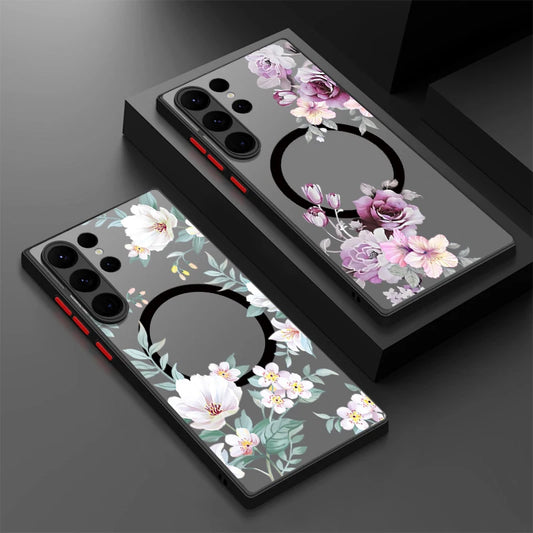For Samsung Galaxy A14 A15 A55 A54 A56 A25 S25 Edge S24 S23 S22 Ultra Plus S21 S25 FE Flowers Case Magnetic Magsafe Matte Cover