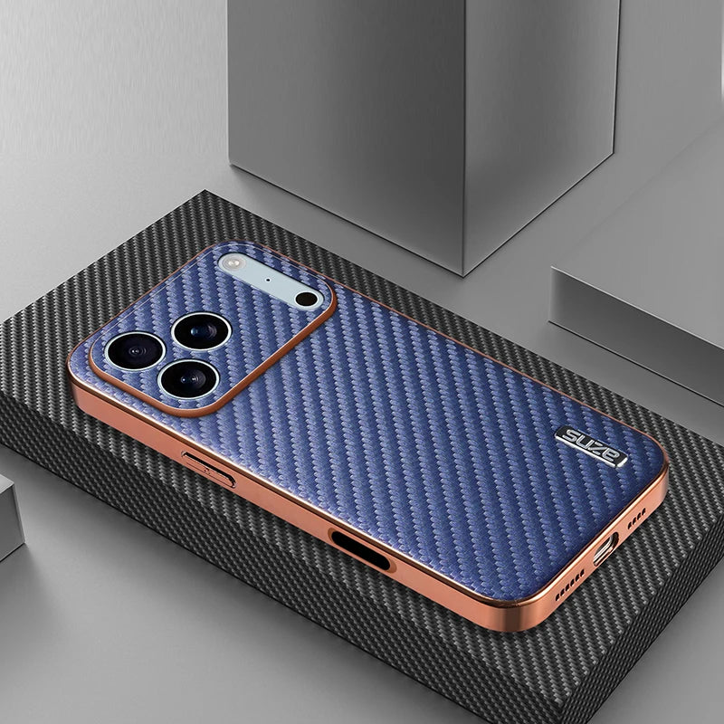 EUCAGR Luxury Carbon Fibre PU Leather Phone Case for iPhone 17 Air 17 Pro Max 16 15 14 13 12 11 Pro Max Bumper Coque Back Cover