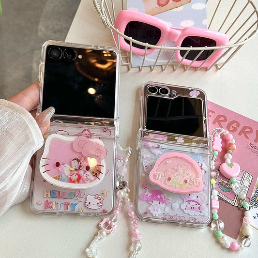 Cute Cartoon Sanrio Hello Kitty Stand Holder Phone Case For Samsung Galaxy Z Flip 7 6 5 4 3 Case Soft TPU Cover With Lanyard