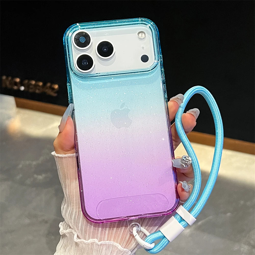 Gradient Colorful Transparent Phone Case For iPhone 17 16 15 14 13 12 Pro Max Plus Shockproof TPU Back Cover With Wrist Strap