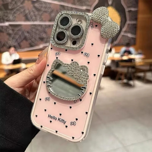 Hellokitty Make up Mirror 3D Bow Case For iPhone 16 Pro Max 15 Cute Glitter Diamond Cover For iPhone 14 Pro 13 12 11 Bling Case