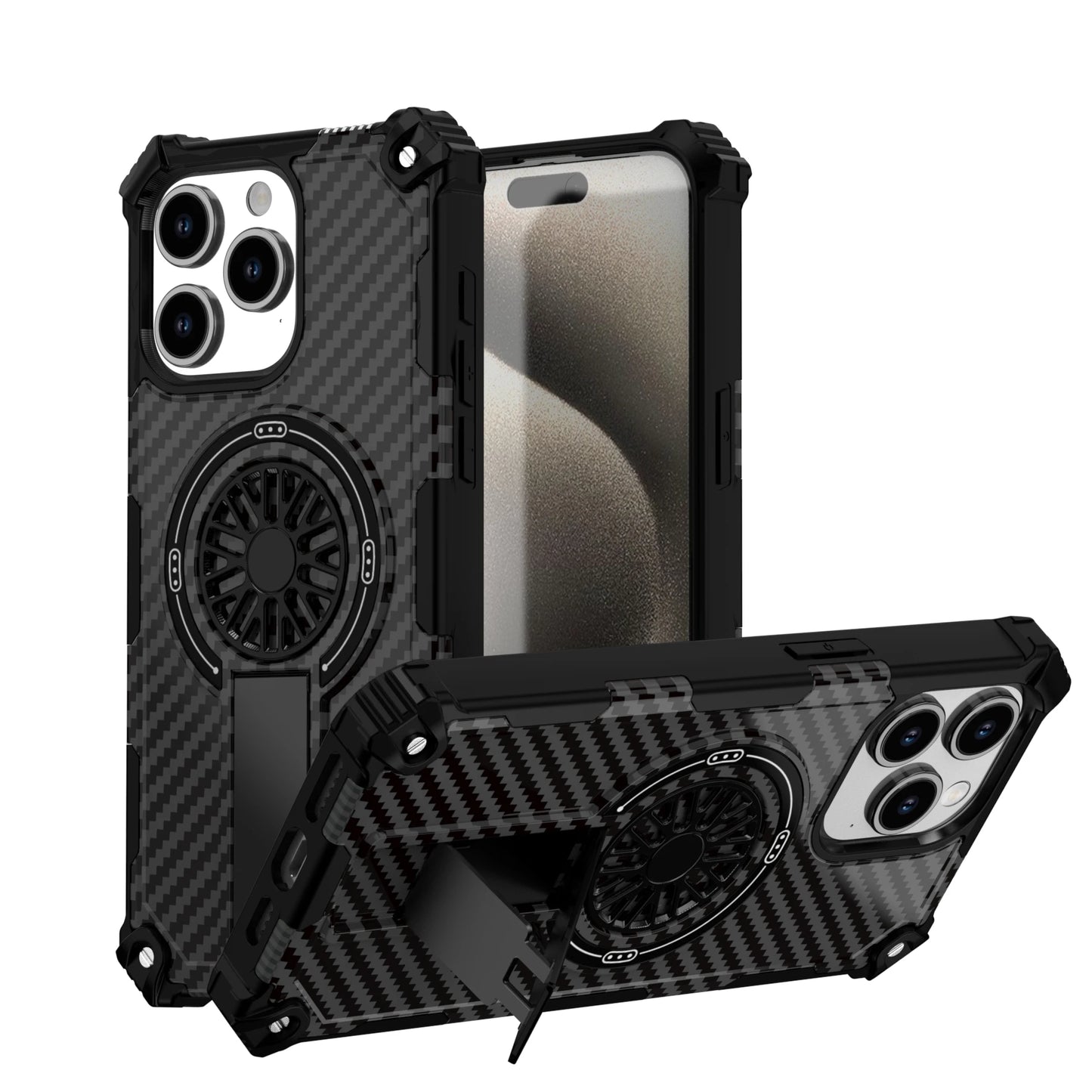Camouflage Army Green Carbon Magnetic Phone Case Stand For Magsafe iPhone 16 15 PM 14 Plus 13 12 Pro Max 11 16e Protection Cover