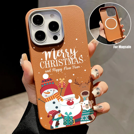 Merry Christmas Magnetic Leather Case For iPhone 16 15 Pro Max 14 Plus 13 12 11 Pro For MagSafe Wireless Charging Soft TPU Cover