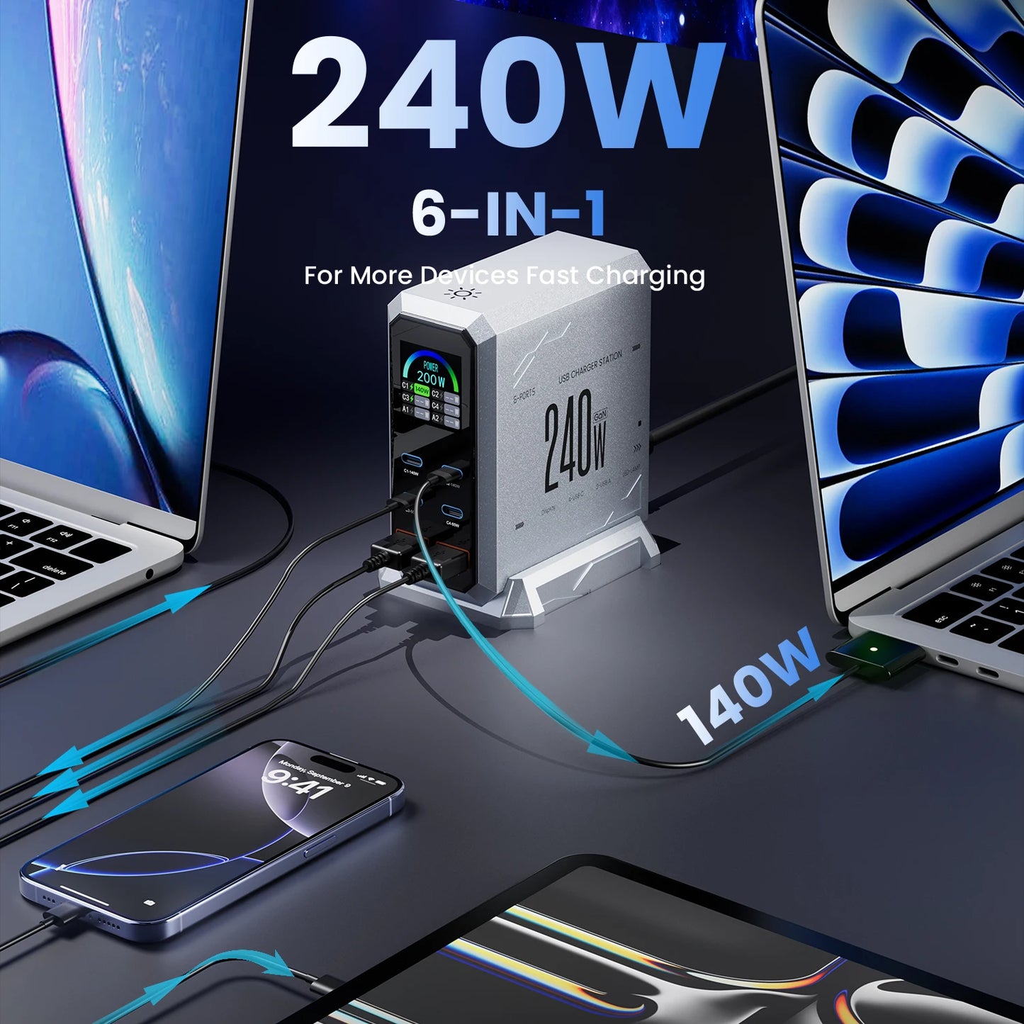 240W Digital GaN Charger PD3.1 140W USB Type C 6 Ports Desktop Fast Charging Station for IPhone Samsung Xiaomi MacBook Laptops