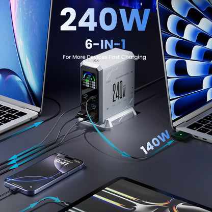 240W Digital GaN Charger PD3.1 140W USB Type C 6 Ports Desktop Fast Charging Station for IPhone Samsung Xiaomi MacBook Laptops