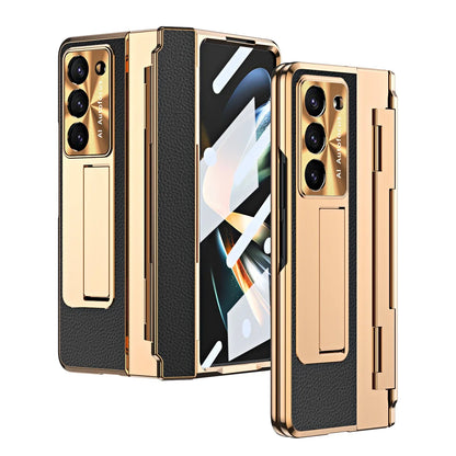 Plating Leather Stand Flat Hinge Protective Case For Samsung Galaxy Z Fold 6 5 4 3 With Front Glass Film Fold5 Protection Cover