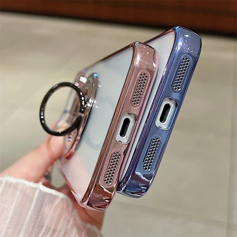 Luxury Plating 360 Rotate Ring Bracket Magnetic For Magsafe Case For iPhone 17 Air 16 15 14 Plus 13 12 11 Pro Max 16E Soft Cover