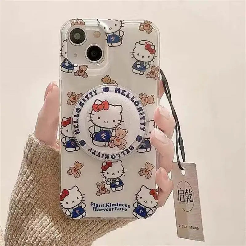 Cute Hello Kitty Magnetic Grip Holder Magsafe Wireless Charge Phone Chain Case For iPhone 16 15 12 Pro Max 14 Plus 13 Mini Cover