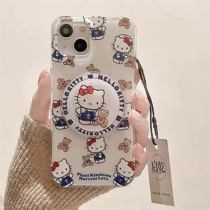 Cute Hello Kitty Magnetic Grip Holder Magsafe Wireless Charge Phone Chain Case For iPhone 16 15 12 Pro Max 14 Plus 13 Mini Cover